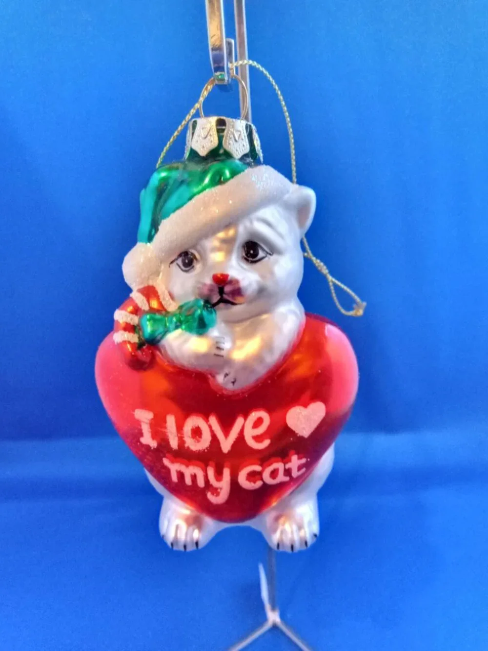 Glass Christmas ornament I LOve My Cat white cat with heart